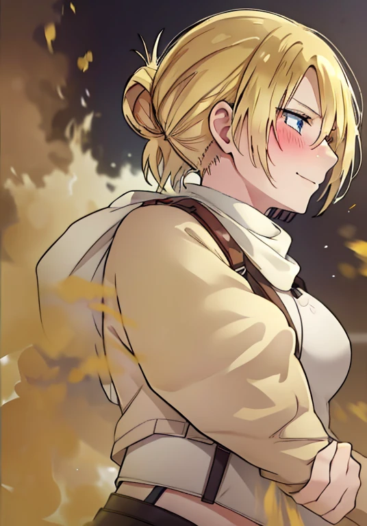 ((annie leonhart)),((velocity)),Yellow smoke,Attacked by farts, (((Women stand)),velocity,(Yellow smoke  rising),i'i'i'i'i'i' training field)),((One Woman)),((A girl smells a ???? and smiled frowned)),((???? while training)),((blushing)),(​masterpiece:1.2、top-quality)、(the Extremely Detailed CG Unity 8K Wallpapers、ultra-detailliert、Best Shadows)、(细致背景)、(The best lighting、extremely delicate and beautiful)、depth of fields、1girl in、独奏 ,looking arround her,Women wear  scout outfit,Ephemeral,,(blonde),(scout regiment outfit)),((((Girl  embarassed when she smells the bad smell of farts)))),outfit like a scout regiment,((((profile facing diagonally)))),((i'I closed my mouth with hand feel embarassed...)),(()),((embarassing look)),((massive ????)),((???? text))
