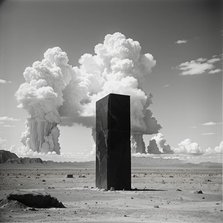 Gigantic black cubic marble monolith in far far distance in a desert extremely high standing higher than the clouds, 1970's existential dread Stanley kubrik style 2002 a space Odyssey Esq grainy retro camera style