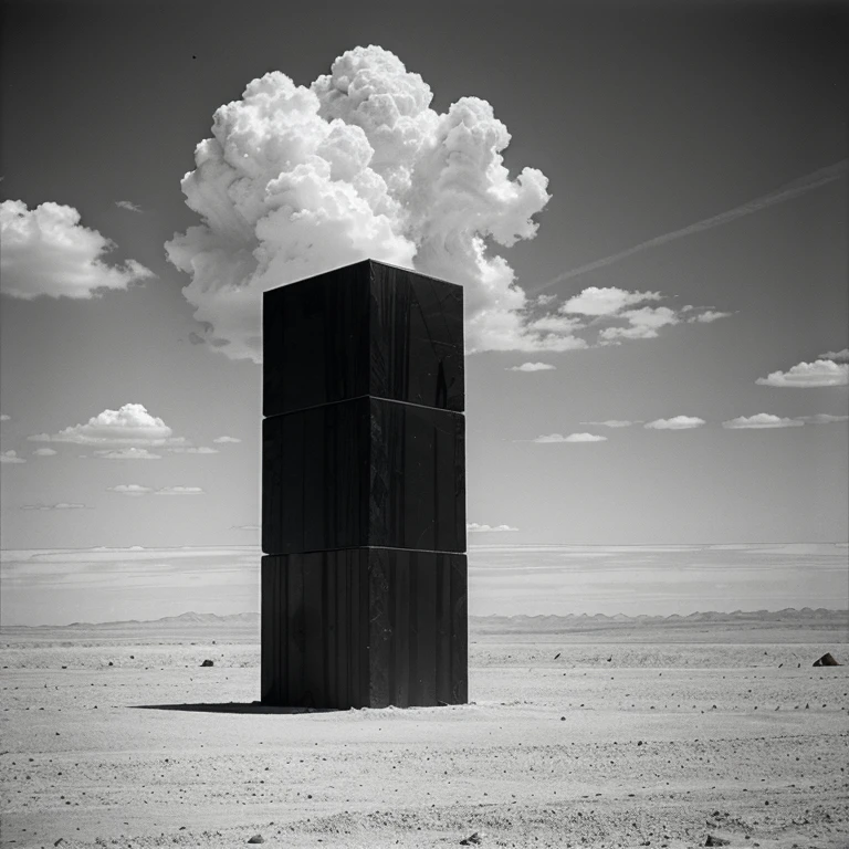 Gigantic black cubic marble monolith in far far distance in a desert extremely high standing higher than the clouds, 1970's existential dread Stanley kubrik style 2002 a space Odyssey Esq grainy retro camera style