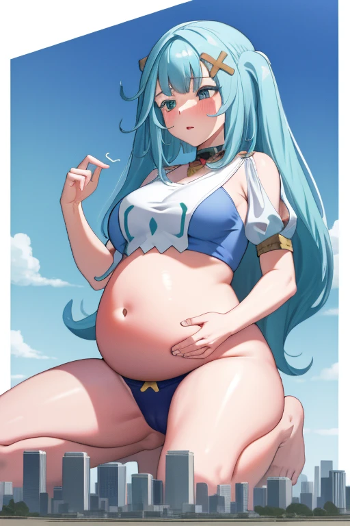 Giant maiden,Moe two-dimensional style,Pregnancy status,Round belly,Gaze at the bustling city, Lying down, Burp, Burping, Loud burp, Really loud burp, Loud burps, Rumbling belly, Embarrassed, Crop top, Panties, Full body