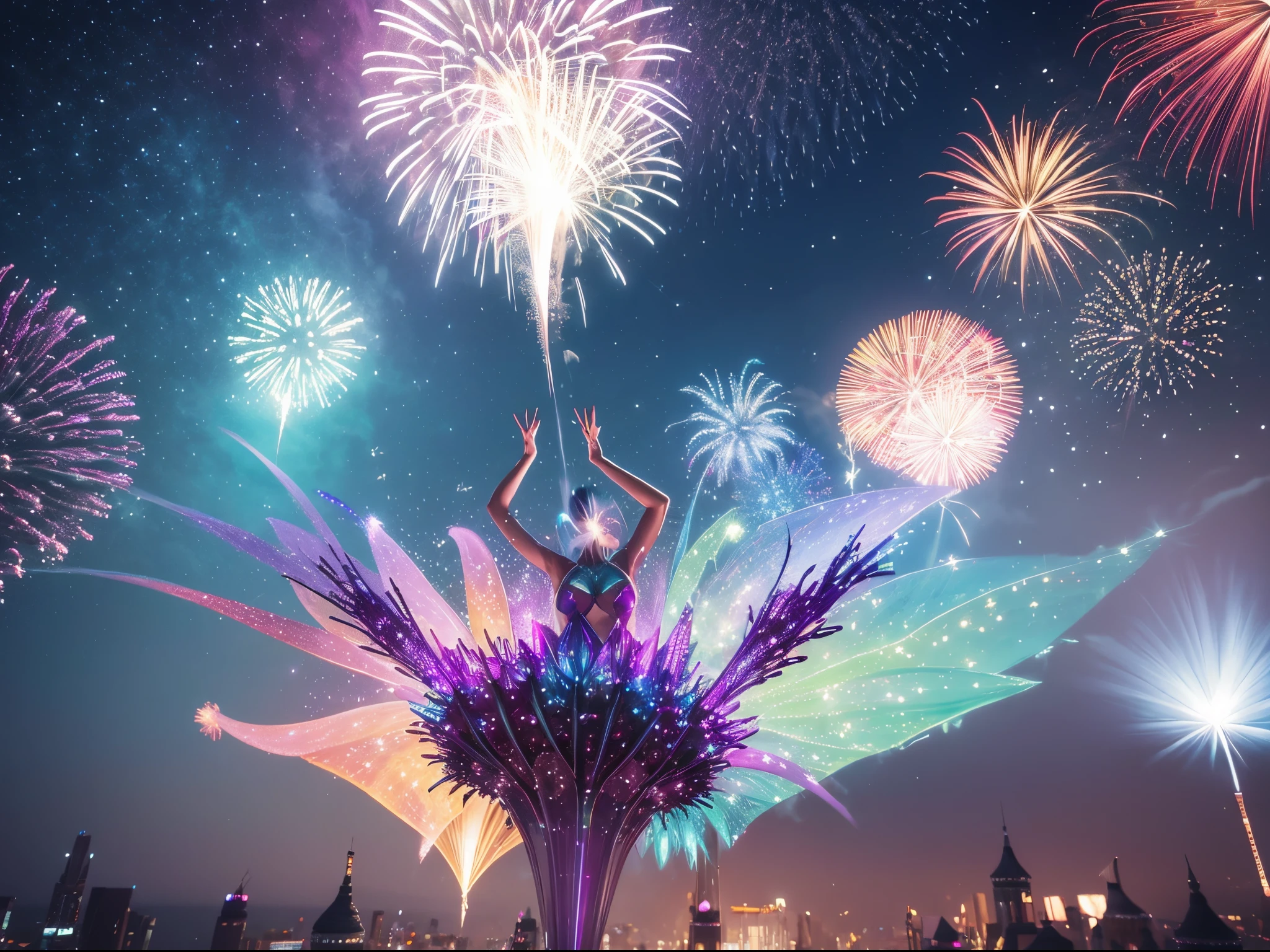 Unveil the new year with a cascade of 3D fireworks, revealing fractal patterns that encapsulate the essence of growth, change, and infinite possibilities, enormous tits, (full body:1.5)