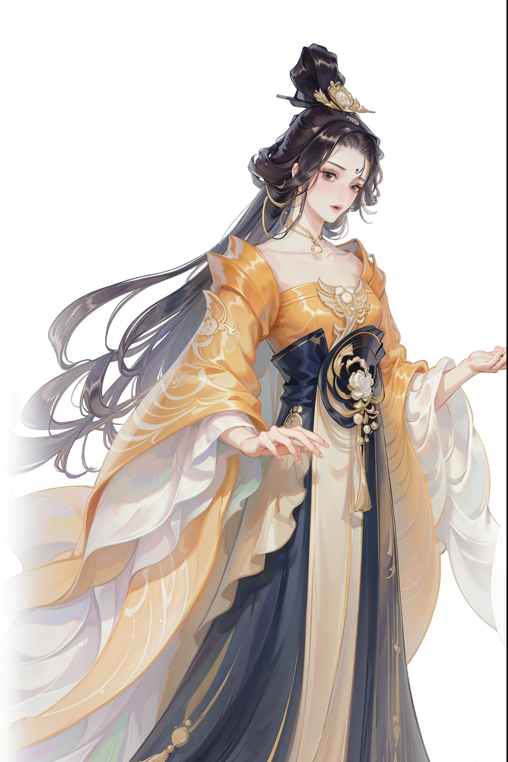 (((tmasterpiece, Best quality at best, 超高分辨率, CG unified 8K wallpaper, Best quality, ultra - detailed, ultra HD picture quality))), 1 rapariga, Long black hair, game fairy, Golden clothes, Hanfu, yarn, flowing gauze, jewely, The background  a golden wheat field, Nice face, beautidful eyes, Beautiful hairstyle, Beautiful costumes, Structurally sound