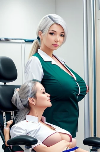 hospital, latex nurse suit,nurses,busty,elbow gloves,labcoat,silverhair woman,green eyes , gigantic boobs ,medical instruments,asian nurse,two nurses,speculum,examination room,oversize boobs, ,big ass ,strap on, lay on table ,legs spreaded,giving birth,gyno chair , dentist, bondage