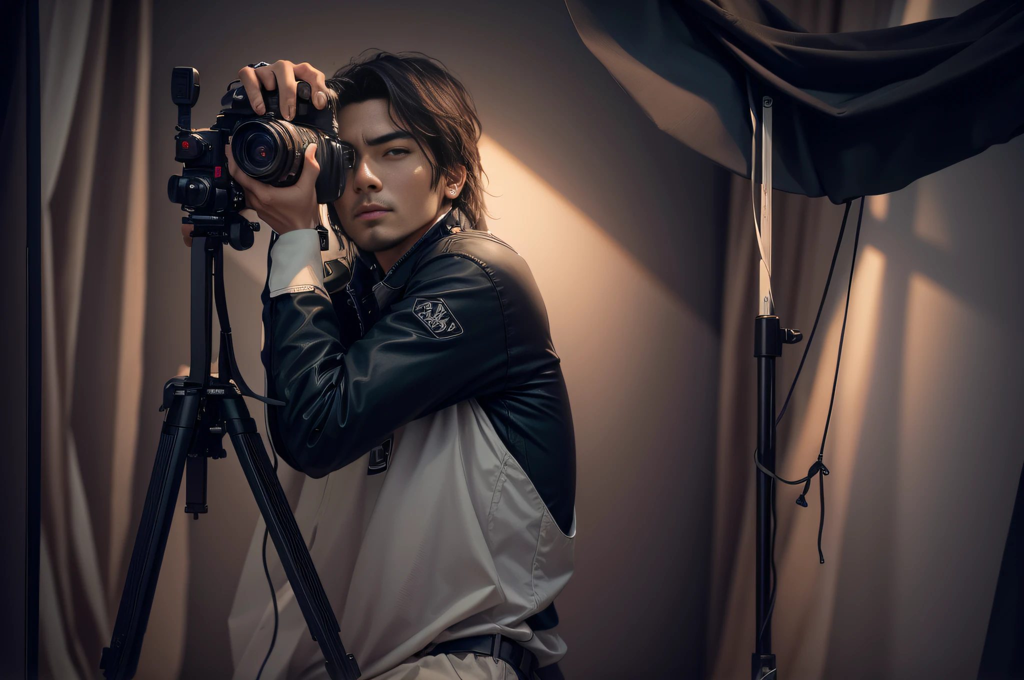 An arafe man taking a photo with a camera, Studio Photography DSLR, various poses shooting photos, photo portrait, professional photoshoot, Professional Photography, professional photoshoot, studio shoot, professional image, In the photo studio, Photography Studio, photoshoot portrait, well lit professional photo, marketing photo, Photo session, Studio Photo Hot, professional studio photograph, Photo Shot、Asian Male