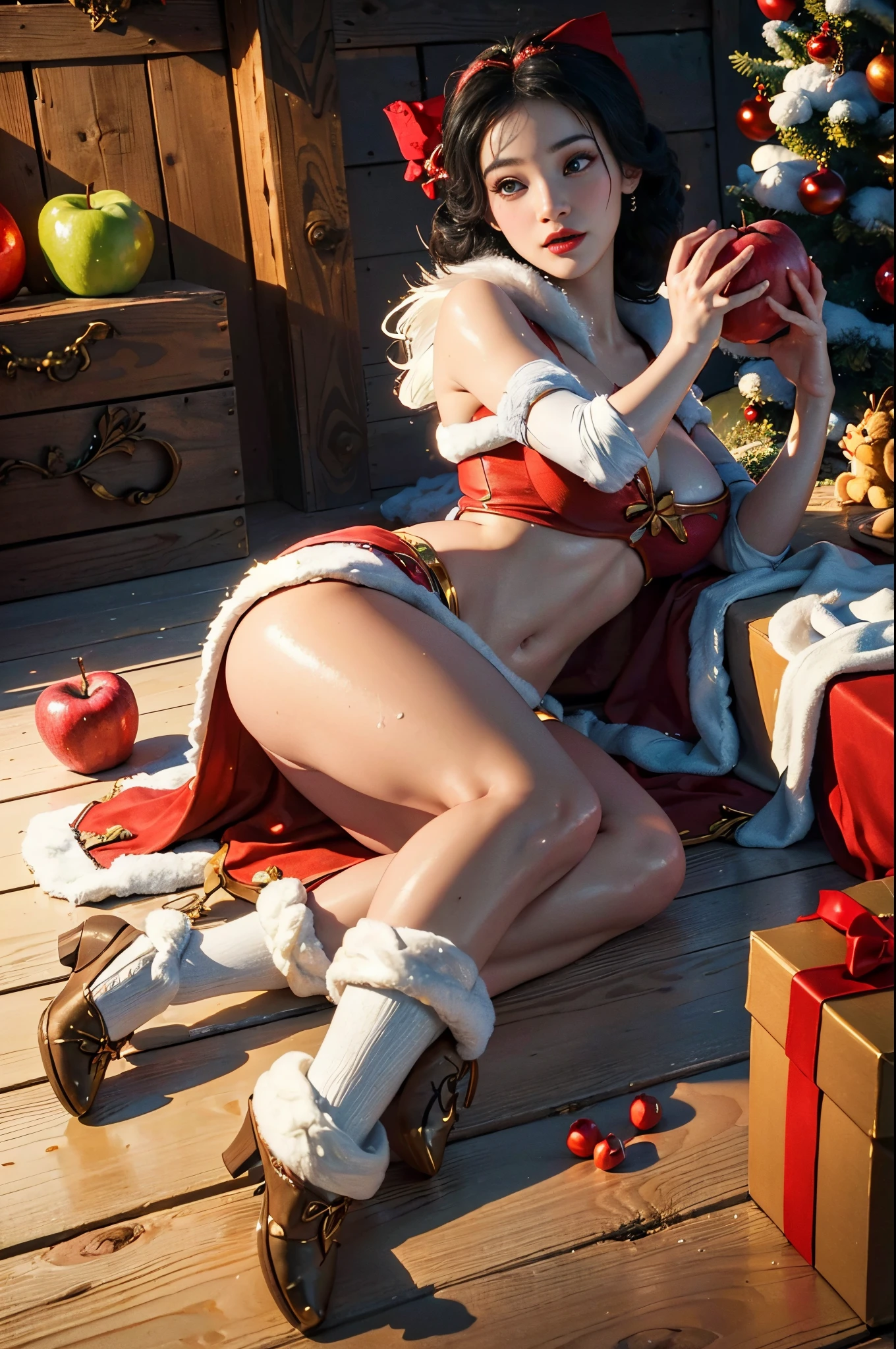 Generate an image of Snow White from Disney, depicting her in a classic pose with her santa theme outfit and surrounded by woodland creatures, holding an apple, inside wooden house, christmas tree, christmas decoration, full body photoshoot, highclass model, from side, sideboobs,  masterpiece, best quality:1.2),(8k,highres,RAW photo,realistic,photo-realistic:1.3),(detailed skin texture,detailed cloth texture,beautiful detailed face:1.25),professional lighting,photon mapping,beautiful soft light,radiosity,physically-based rendering,model shoot style, model shoot style, (extremely detailed CG unity 8k wallpaper), full shot body photo of the most beautiful artwork in the world, complex 3d render ultra detailed, looking at viewer, 18 yo, wet hair, real human skin, vibrant details, hyperrealistic, beautiful, octane render, 8k, best quality, masterpiece, an extremely delicate and beautiful, extremely detailed ,CG ,unity ,wallpaper, (realistic, photo-realistic:1.37),Amazing, finely detail, masterpiece,best quality,official art, extremely detailed CG unity 8k wallpaper ,extreme detailed eyes, (perfect face), shiny skin, colorful, highest detailed, vibrant colors, ultra high res, (high contrast), intricate