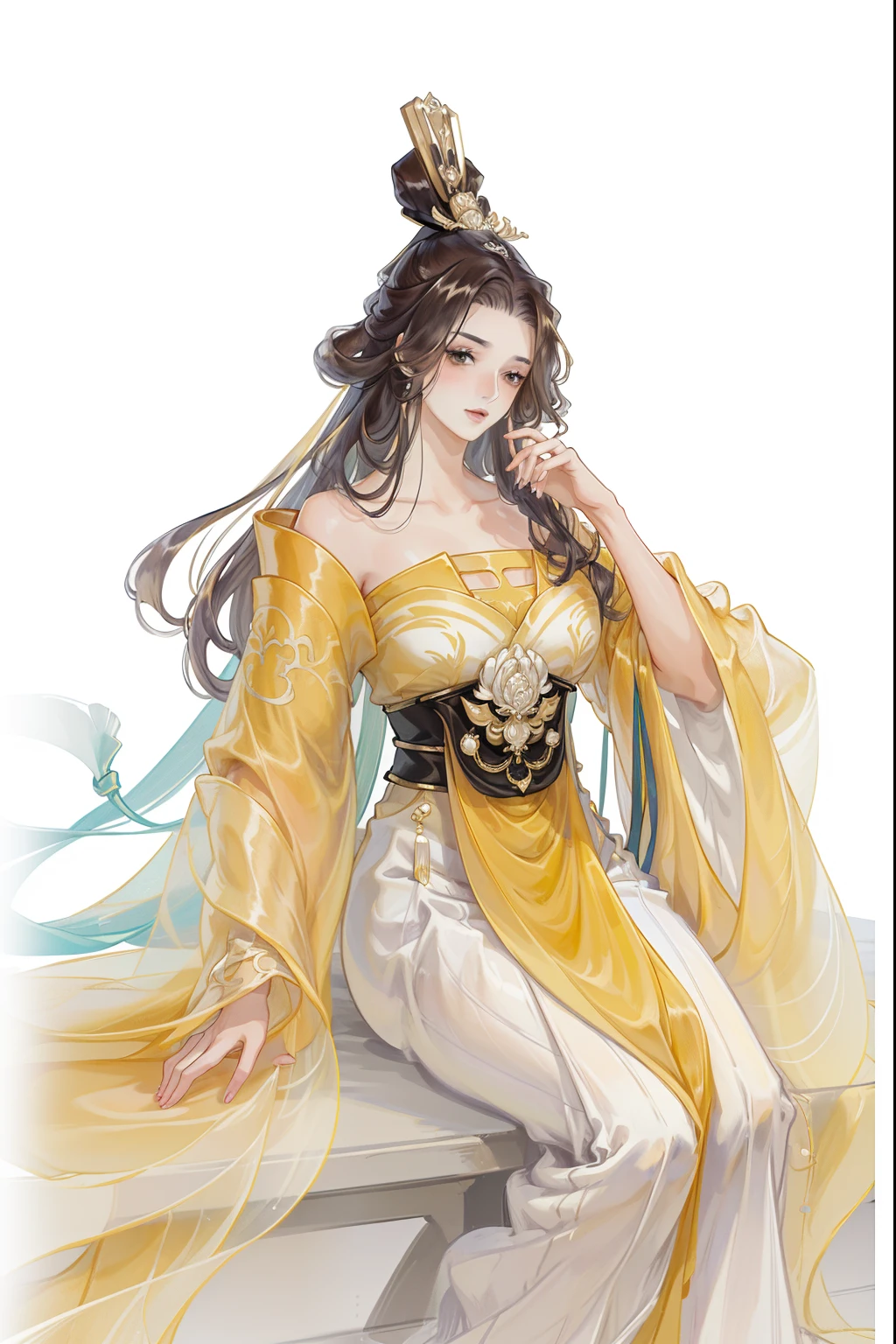 (((tmasterpiece, Best quality, 超高分辨率, CG unified 8K wallpaper, Best quality at best, ultra - detailed, ultra HD picture quality))), 1 girl sitting on the throne, cabelos preto e longos, game fairy, Golden clothes, Hanfu, yarn, flowing gauze, jewely, golden colored, Nice face, beautidful eyes, Beautiful hairstyle, Beautiful costumes, Structurally sound