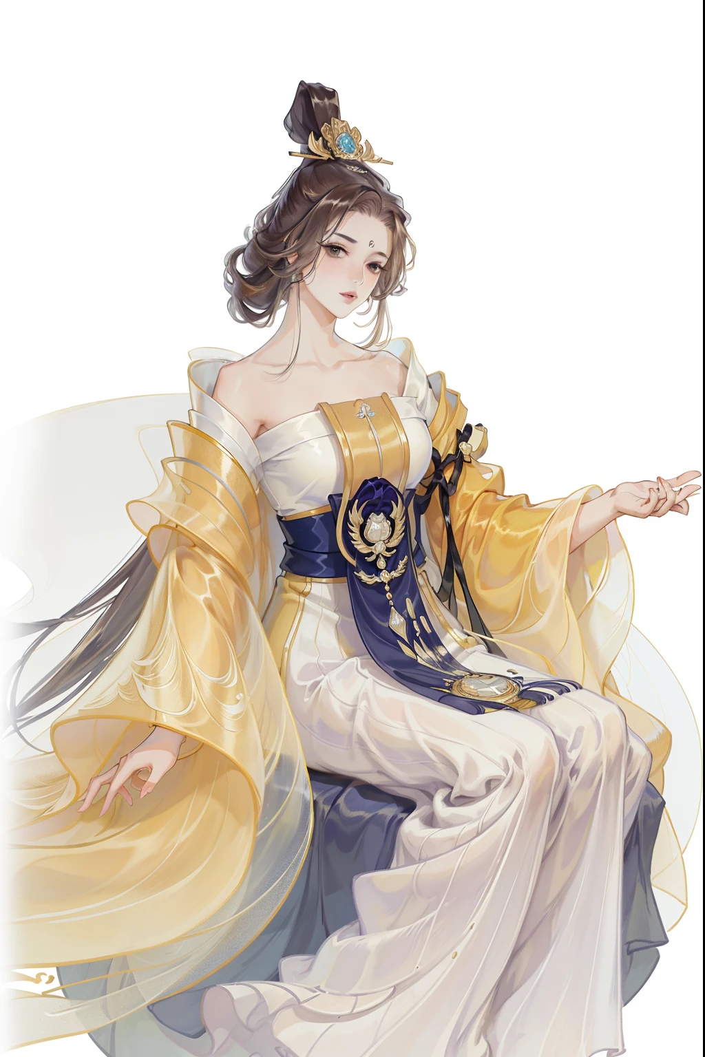 (((tmasterpiece, Best quality, 超高分辨率, CG unified 8K wallpaper, Best quality at best, ultra - detailed, ultra HD picture quality))), 1 girl sitting on the throne, cabelos preto e longos, game fairy, Golden clothes, Hanfu, yarn, flowing gauze, jewely, golden colored, Nice face, beautidful eyes, Beautiful hairstyle, Beautiful costumes, Structurally sound