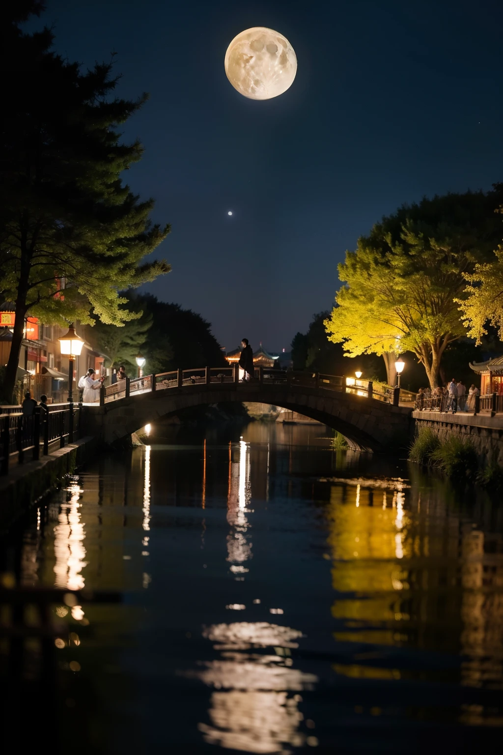 tmasterpiece, Best quality at best, En plein air, the night, moon full, lakeside, branch, 1 persons, Mature men, Chinese, Ancient China, brunette color hair, 黑The eye, Split ends, The long