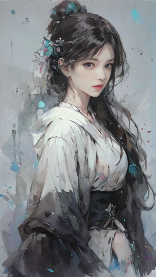 Painting of woman with long hair and white dress, Belle peinture de personnage, A beautiful anime portrait, Gurwitz style artwork, Guviz, author：Hero, beautiful anime artwork, by Ye Xin, beautiful anime art, author：Zhang Han, A beautiful artistic illustration, by Zeng Jing, beautiful anime woman, anime illustration