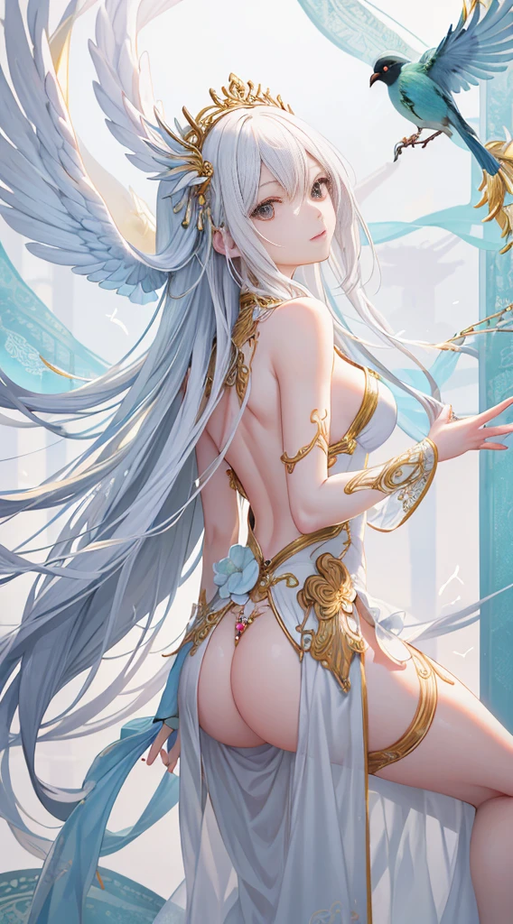 masutepiece、Good anatomy、(needle is accurate)、(extremely delicate and beautiful:1.2)、
8K、
(masterpiece:1.0)、
(best_quality:1.0)、Good anatomy、
1人、(from the rear:1.2)、
Intricate details、Enlarged texture、
intricate-detail、finely eye and detailed face、
intricate detailes、white hair、A slight smil、
perfect eyes、Equal eyes、goddes、(Staring Bird and Girl)
perfectbody、ighly detailed、Wearing a beautiful dress、jewely、(A cute little bird rides on a beautiful fingertip)、needle is accurate、Detailed fingertips
