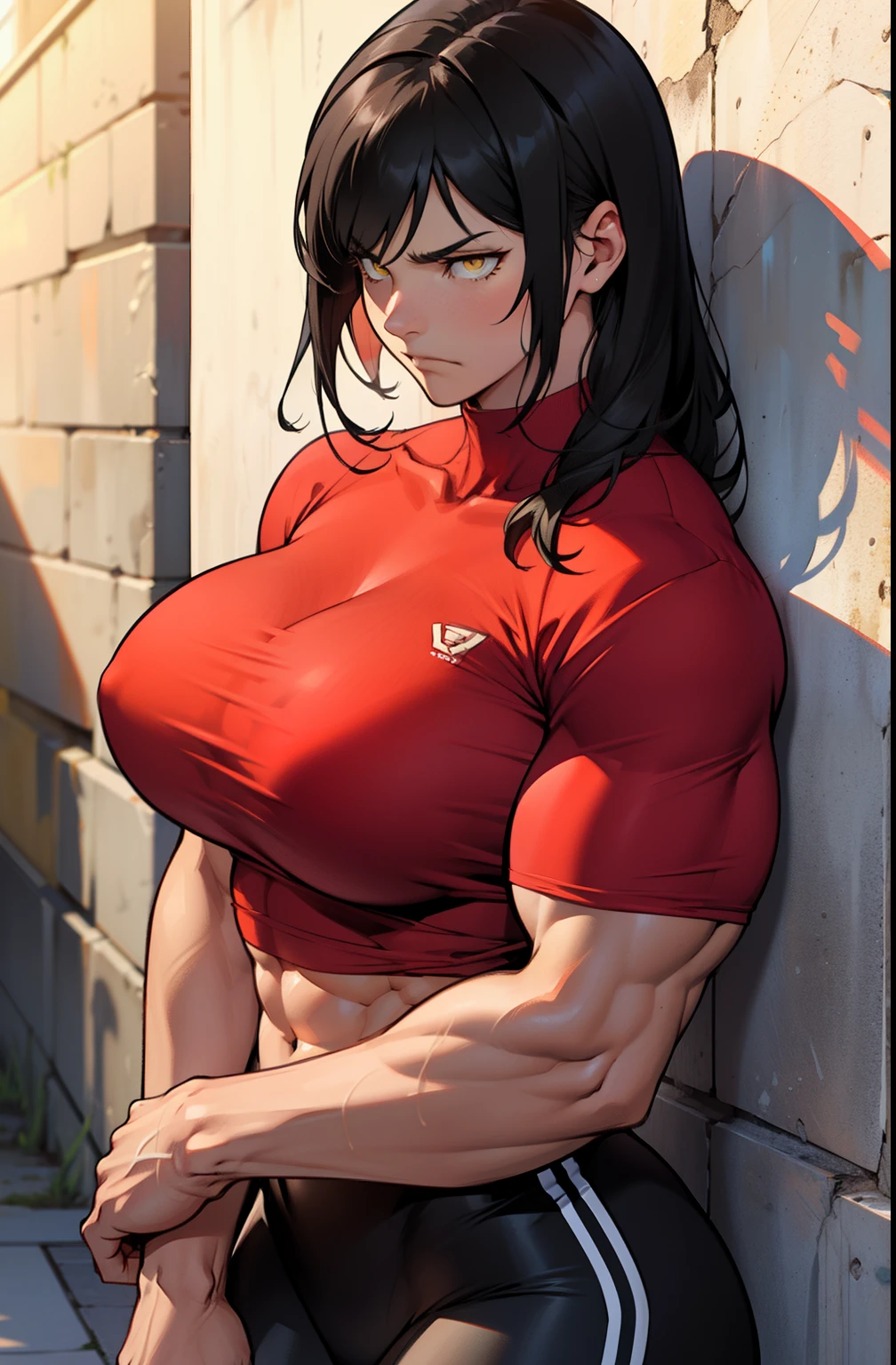 (((muscular girl))) huge breasts against wall black hair yellow eyes frown red tight shirt
