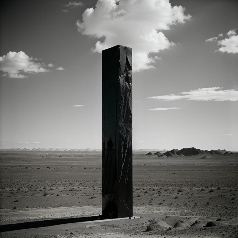 Gigantic  pitch black marble monolith in far far distance in a desert extremely high standing higher than the clouds, 10 times higher than its width and hight, 1970's existential dread Stanley kubrik style 2002 a space Odyssey Esq grainy retro camera style