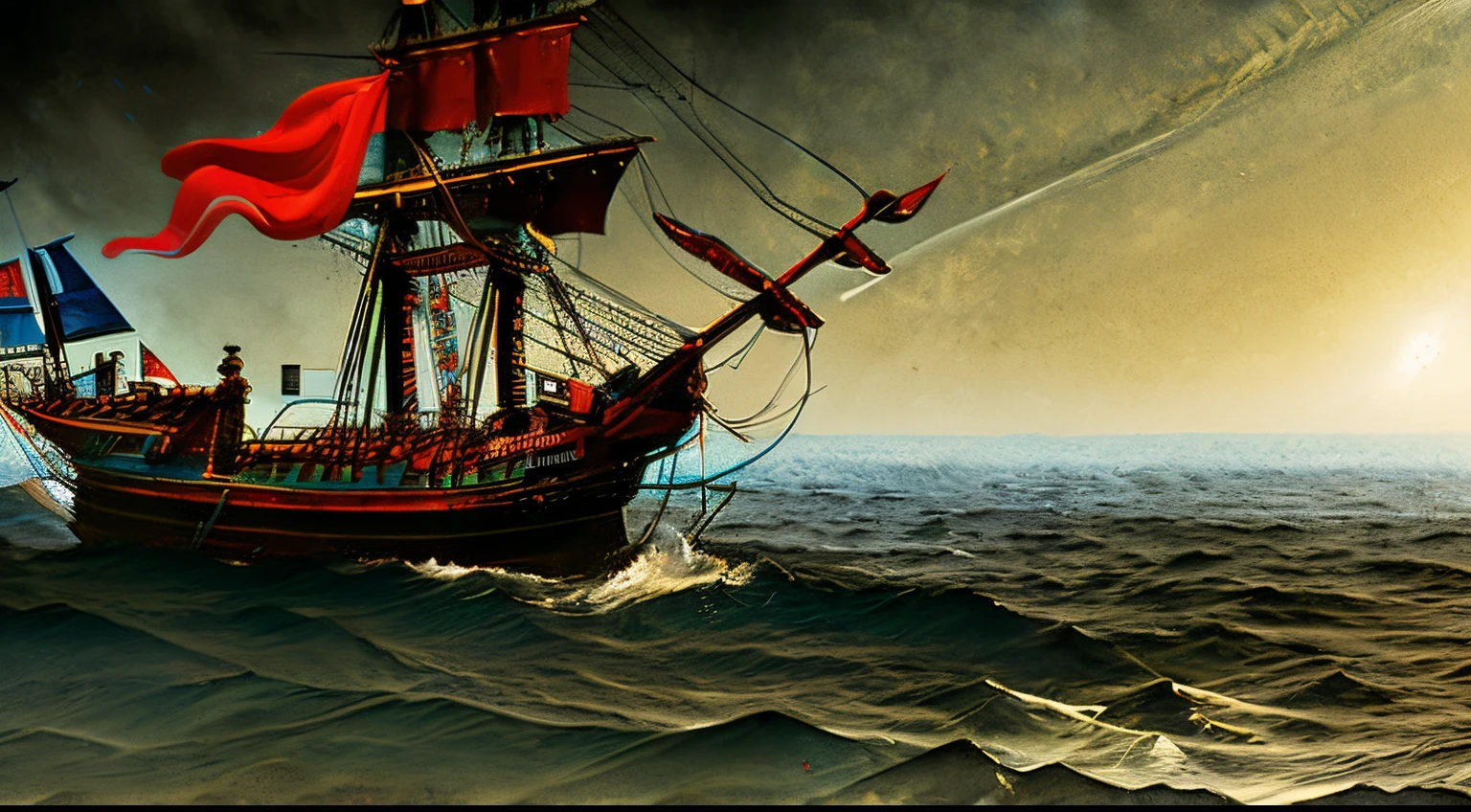 Old Spanish Galleon damaged, aged and worn nautical sails, in the middle of a monumental storm, celestial blue atmosphere, red green-Lima and predominant blue, night scene, darkness, image of dark suspense