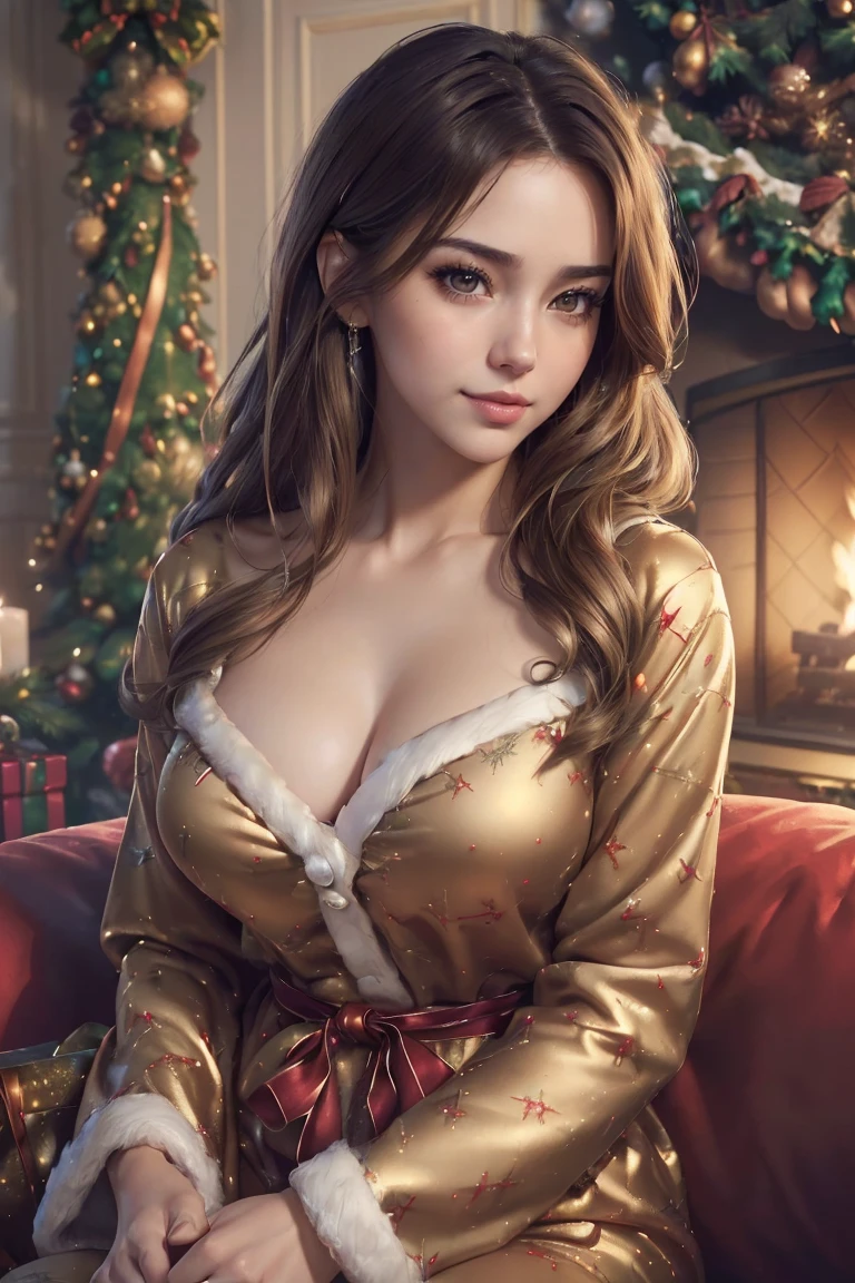 ((A happy couple in love)), ((woman with long brown hair wearing Christmas pajamas)), cuddle with ((a masculine man with short blonde hair and a full blonde beard wearing Christmas pajamalue eyes, hair with many details, 8k artgerm bokeh, fanart best artstation, render photorealistic, guweiz-style art, inspired by WLOP, ig model | artgerm, detailed waist up portrait, stunning wait up portrait of realistic face, beautiful waist up portrait, deviantart artstation cgscosiety, cinematic realistic portrait, high quality portrait, elegant digital painting, photorealistic artstyle, ((Christmas living room background)), ((looking at the camera)), ana de armas