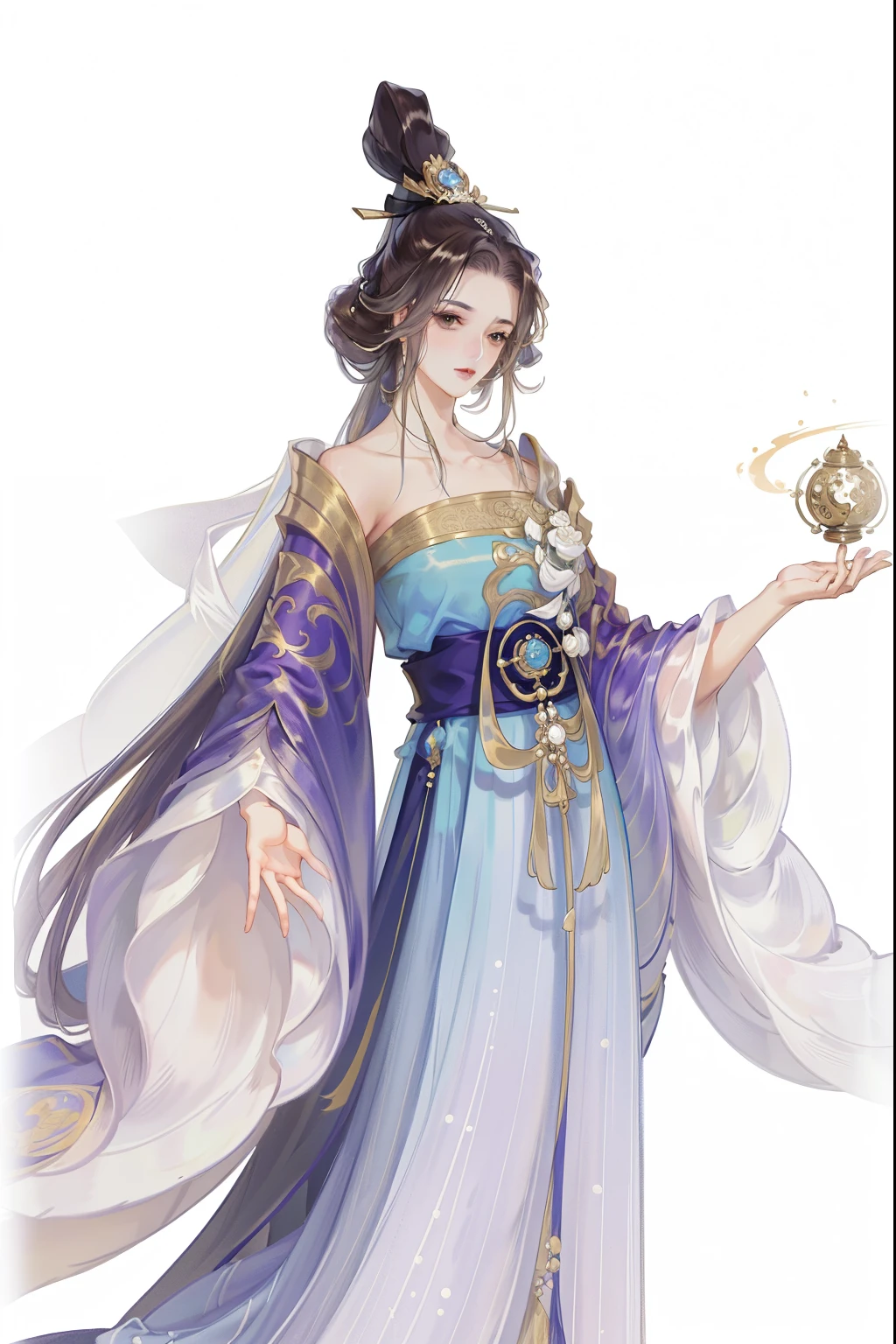 (((tmasterpiece, Best quality, 超高分辨率, CG unified 8K wallpaper, Best quality at best, ultra - detailed, ultra HD picture quality))), 1 girl, cabelos preto e longos, game fairy, Golden clothes, Hanfu, yarn, flowing gauze, Nice face, beautidful eyes, Beautiful hairstyle, Beautiful costumes, Structurally sound