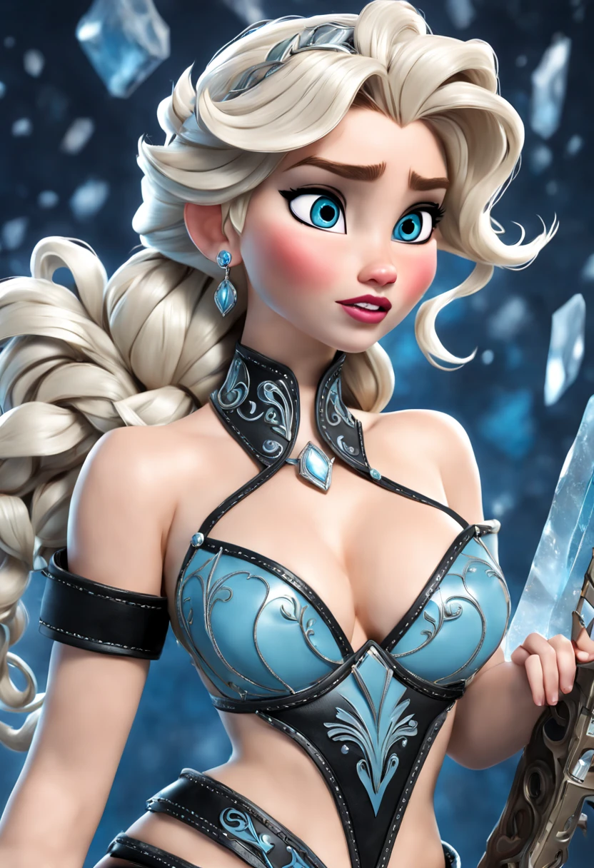 a highly detailed, real-life (nude) (Elsa from Frozen),large breasts, nipples, pussy, ass, flipping off the viewer, nude, messy hair in a ponytail, intricately designed high-fashion black leather gladiator heels, silver inlay designs on a black leather choker,