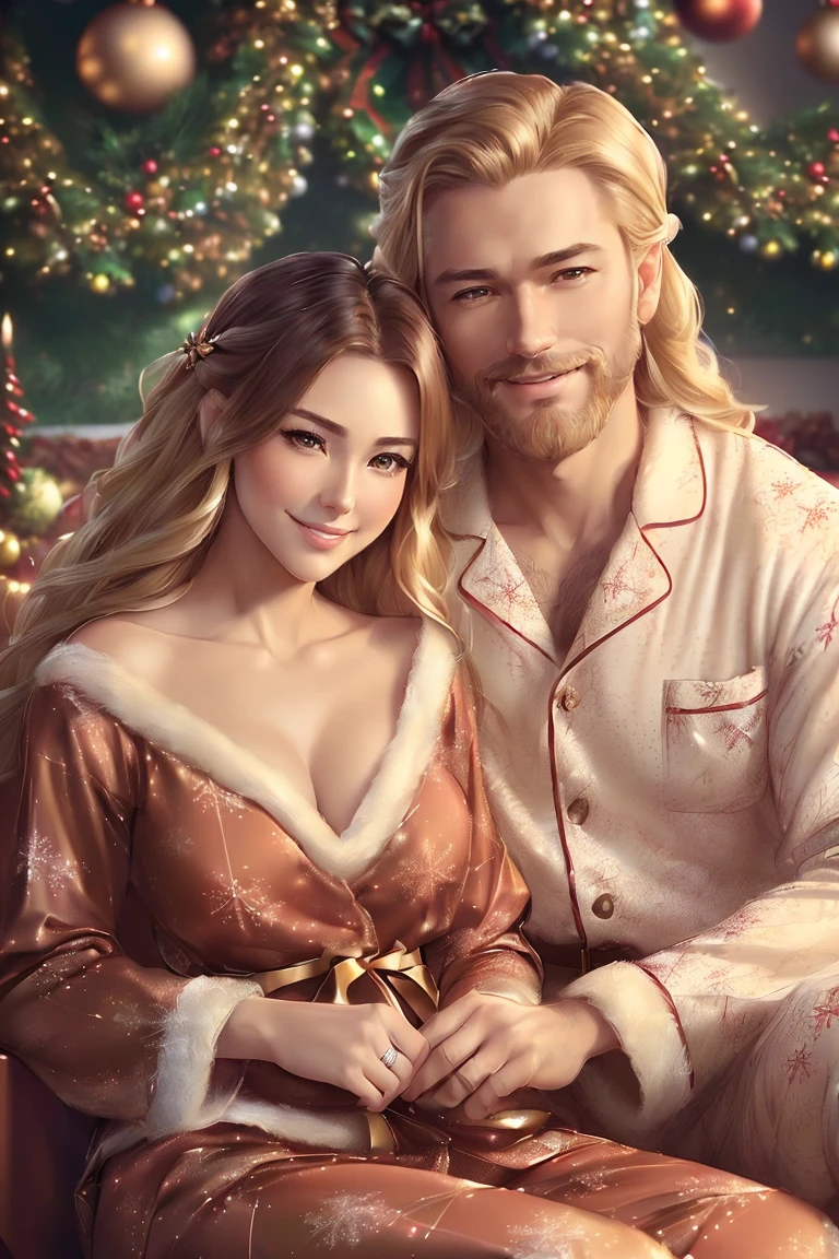 ((A happy couple in love)), ((woman with long brown hair wearing Christmas pajamas)), cuddle with ((a masculine man with short blonde hair and a full blonde beard wearing Christmas pajamas)), blue eyes, hair with many details, 8k artgerm bokeh, fanart best artstation, render photorealistic, guweiz-style art, inspired by WLOP, ig model | artgerm, detailed waist up portrait, stunning wait up portrait of realistic face, beautiful waist up portrait, deviantart artstation cgscosiety, cinematic realistic portrait, high quality portrait, elegant digital painting, photorealistic artstyle, ((Christmas living room background)), ((looking at the camera))