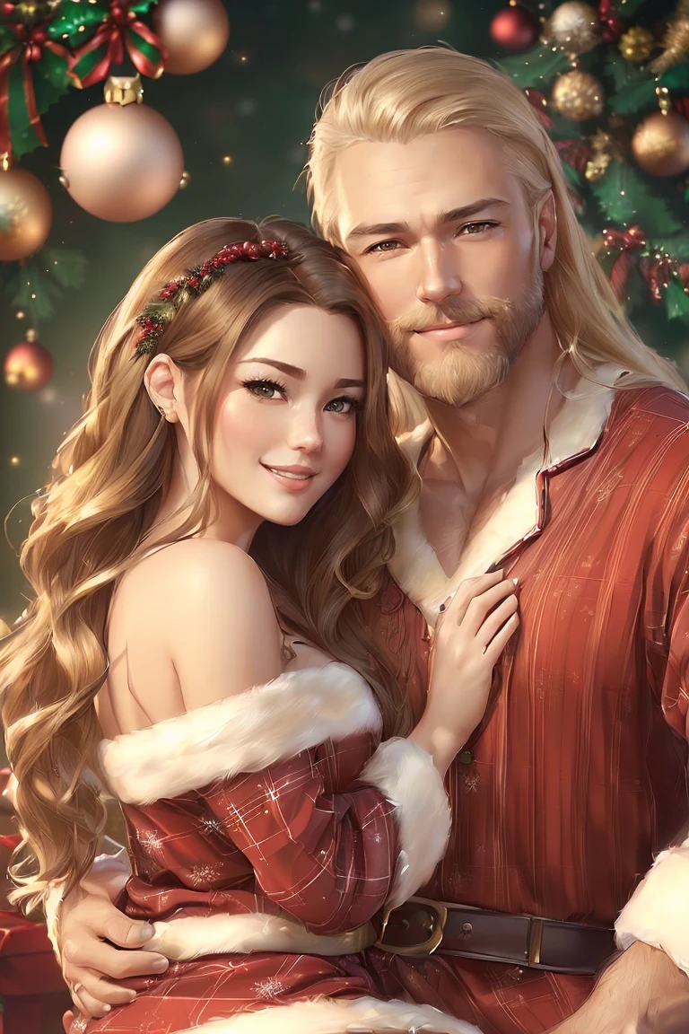 ((A smiling couple in love)), ((woman with long brown hair wearing Christmas pajamas)), cuddling with ((a masculine man with short blonde hair and a full blonde beard wearing Christmas pajamalue eyes, hair with many details, 8k artgerm bokeh, fanart best artstation, render photorealistic, guweiz-style art, inspired by WLOP, ig model | artgerm, detailed waist up portrait, stunning wait up portrait of realistic face, beautiful waist up portrait, deviantart artstation cgscosiety, cinematic realistic portrait, high quality portrait, elegant digital painting, photorealistic artstyle, ((Christmas living room background)), ((looking at the camera))