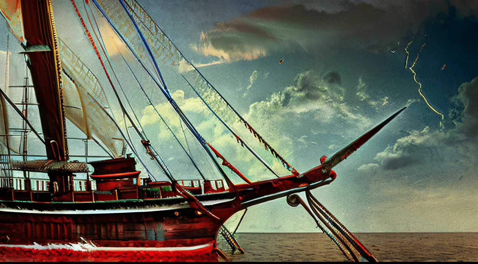 Old Spanish Galleon damaged, aged and worn nautical sails, in the middle of a monumental storm, celestial blue atmosphere, red and green-Lima and predominant blue, night scene, darkness, image of dark suspense