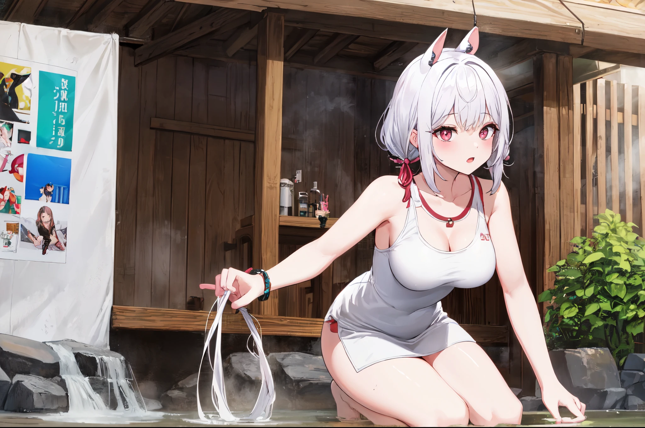 (hot onsen),White hair,Twin-tailed,solo,pink eye