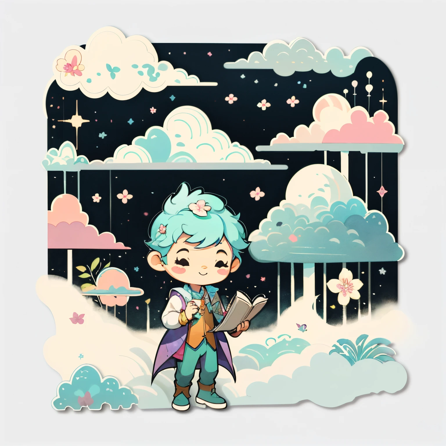 1 sticker, handbook, (sticker, 1 boy, faerie, prince clothes. flowers, clouds, element split), watercolor, white background,  background, minimal, cute, tiny, pastel color, vector style, no gradient,