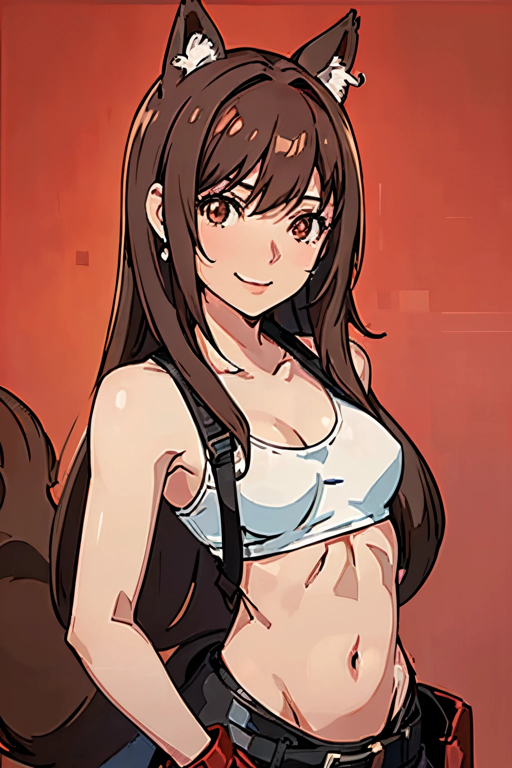 1girl, solo, tifa lockheart, tifa_lockheart \(final fantasy\), tifa_lockheart:1.2, animal ears, earrings, fox ears, hair between eye, (brown eyes:1.3), european girl, (SFW:1.3), (small breast:1.4), (face portrait:1.3), tifa , tifa costume, black iris, smile, gamer, red background, simple red color backgraund, (very brown eyes:1.4), tall, slender, instagram model, (brown skin:1.4), (cowboy shot:1.4), italian girl, 28 years old, (brown hair:1.3) upper body