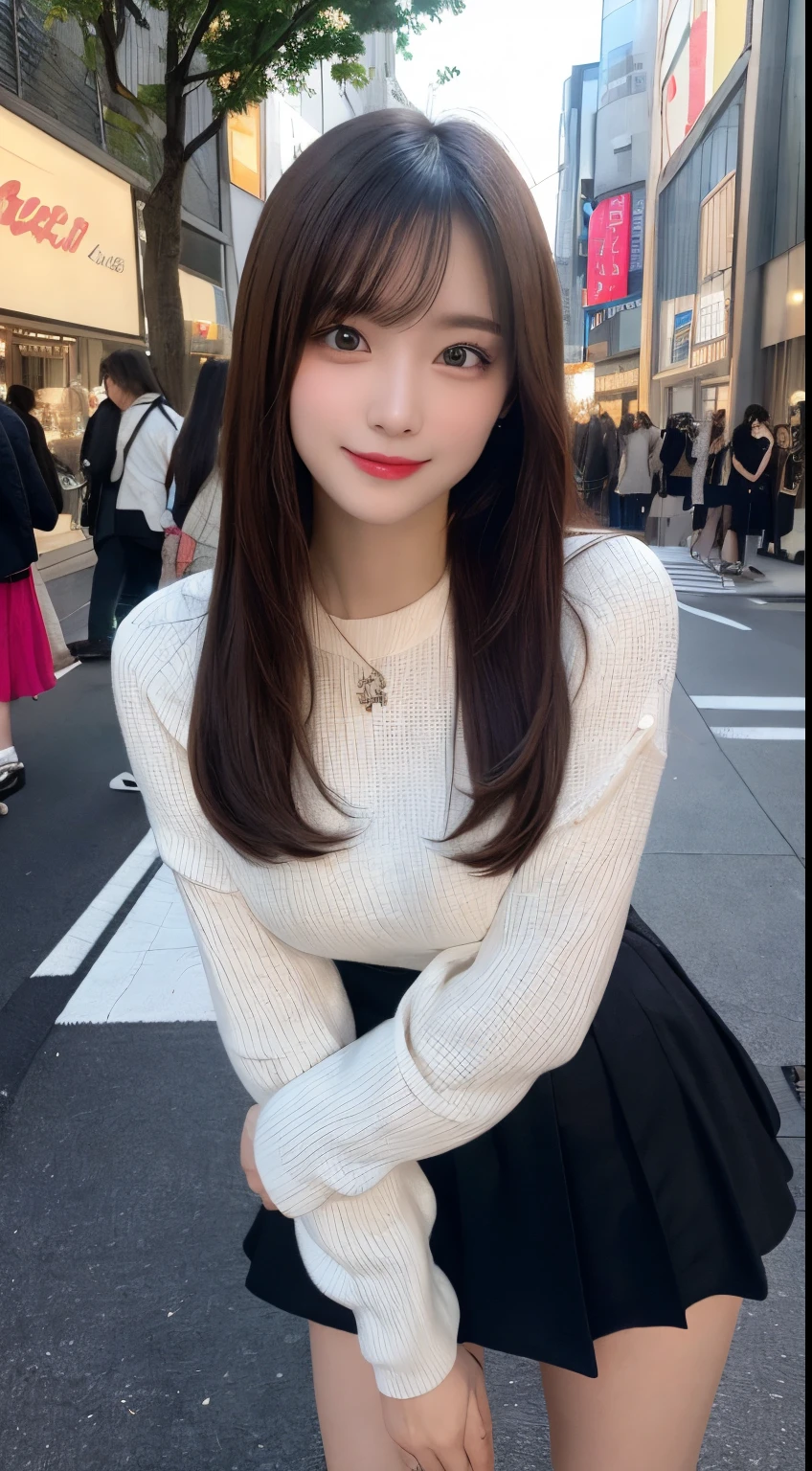 masutepiece, Best Quality, Illustration, Ultra-detailed, finely detail, hight resolution, 8K Wallpaper, Perfect dynamic composition, Beautiful detailed eyes, long sleeve dress mini skirt,Straight hair,small tits,Natural Color Lip, Bold sexy poses,Smile,Harajuku、20 years girl、Cute、Sexy shot looking at camera