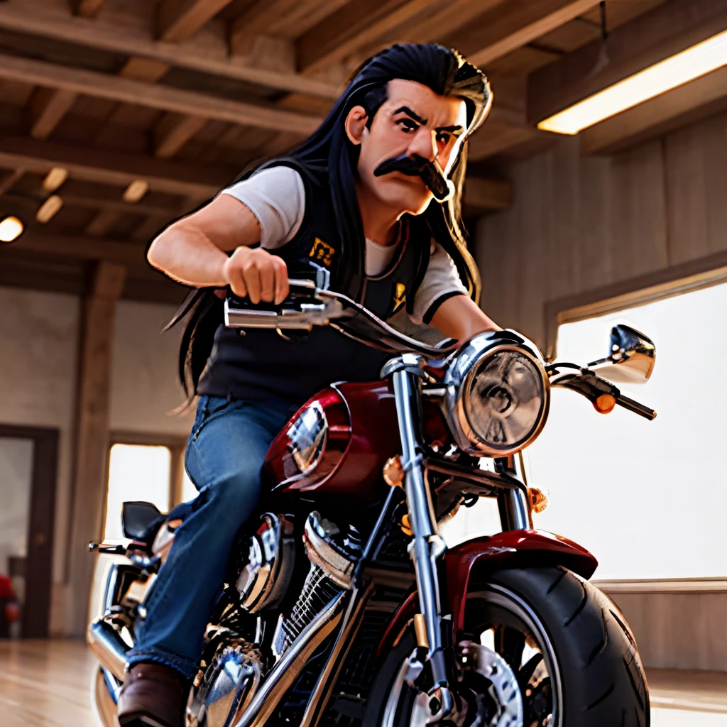 Biker with long black hair and Hogan like mustache