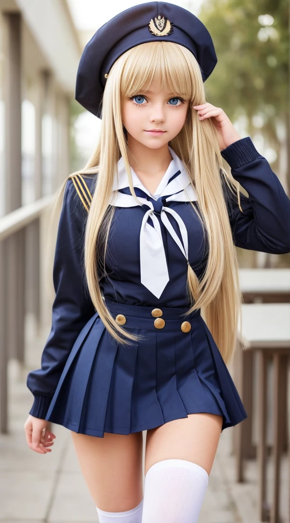 Beautiful *********** blonde girl in sailor uniform and black miniskirt, beautiful blue eyes, breasts, long blonde hair, at school, long thick bangs, cutest face in the world, thigh highs, ultra detailed, realistic hair, hair messy, golden hair, blush, very cute, sexy, ******girl, in love.