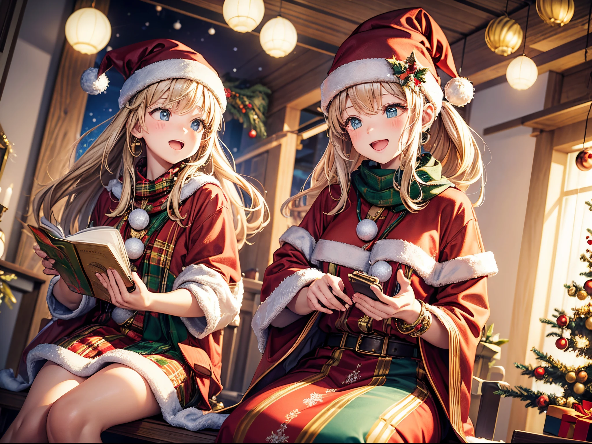 Capture the essence of a festive symphony with 3D mathematical formulas arranged like musical notes amidst Christmas decorations. Enhance the vibrancy of this numerical melody.