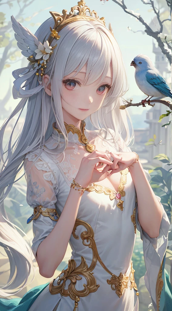 masutepiece、Good anatomy、(Hands are precise)、(extremely delicate and beautiful:1.2)、
8K、
(masterpiece:1.0)、
(best_quality:1.0)、Good anatomy、
1人、(from the rear:1.2)、
Intricate details、Enlarged texture、
intricate-detail、finely eye and detailed face、
intricate detailes、white hair、A slight smil、
perfect eyes、Equal eyes、goddes、Gentle gaze, Perfect body、ighly detailed、Wearing a beautiful dress、A Princess、jewely、Cute little bird on your fingertips、Hands are precise、Detailed fingertips