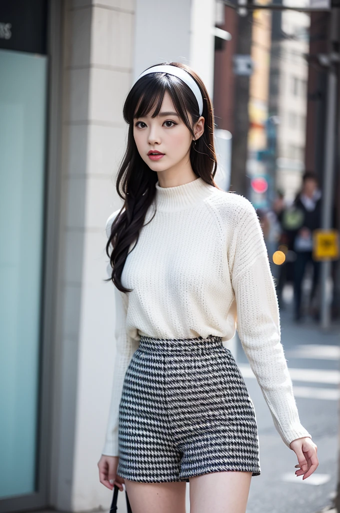 Ultra-realistic 8K CG, Picture-perfect face, "２０An old woman、with black hair7０&#39;s retro hair style、white hairband、7０era retro fashion、Houndstooth６０eras suits、white boots、Standing