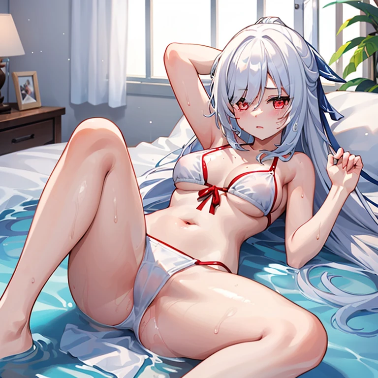 (tmasterpiece, Best quality)one-girl,Lying on a white bed,spread legs,don't have clothes,A white bikini,Drenched,soaking wet,Be red in the face,Embarrassing,
