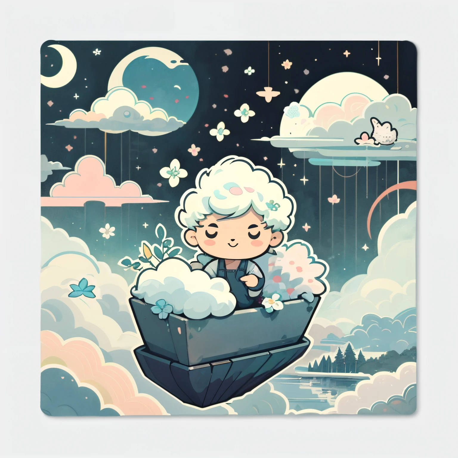 1 sticker, handbook, (sticker, 1 boy, shepherd, sheep. flowers, clouds, moon, element split), watercolor, white background, background, minimal, cute, tiny, pastel color, vector style, no gradient,