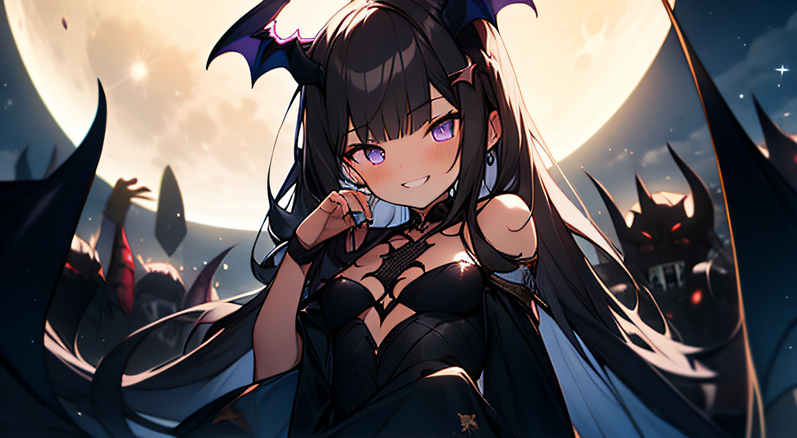 (Moon Night),  alluring succubus,Ultra-detailed Rihanna as Satan on the throne of hell, Lori, Vampire, Dark Gothic, fishnet tights, brack, (A dark-haired),  asymmetrical bangs, Blunt bangs, Straight hair, Long sideburns, two side up, Devilish girl, Purple eyes, tusk, sparking eyes,  kawaii, Cute, Naughty smile, double tooth, Dark Forces,  sharpteeth, Cowboy Shot, Little Girl