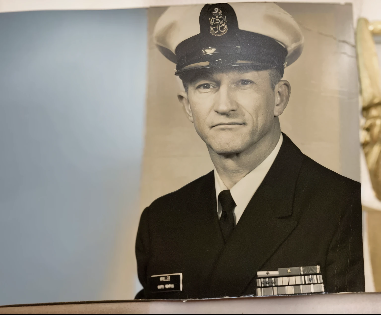 arafed photo of a man in a military uniform in a photo, taken in the early 1950s, unknown artist, in military uniform, in uniform, unknown location, artist unknown, portrait closeup, j.dickenson, j. dickenson, ww2 era photograph, 9 / 1 1, 9/11, portrait close up