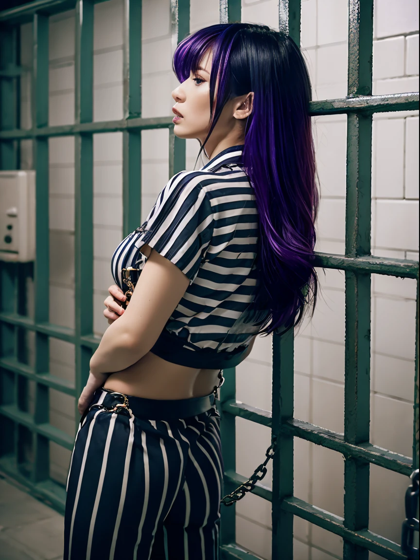 locked to cell, Behind bars, huge-breasted, neckline, Big ass, prisoner, Striped Prison Jumpsuit, Black and white stripes, Black and white stripes, cell, Trapped, Handcuffed, Purple hair, large hair, Chained, srestrained