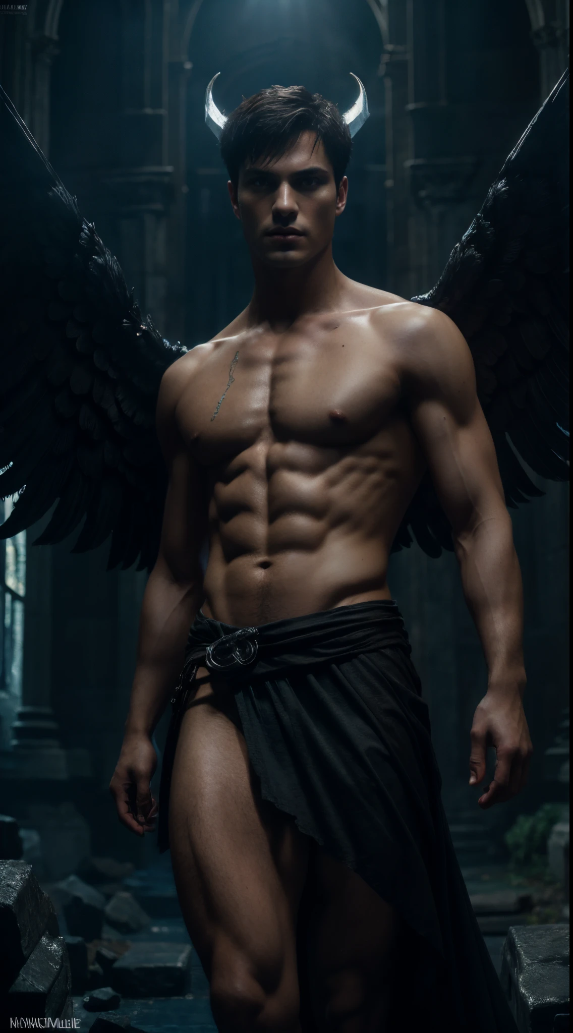 ((masterpiece)),((bestquality)),8k, high detailed, ultra-detailed, Stylish Pose, real skin texture, cinematic lighting, 21 year old male model, handsome, cute looking, evil look, demon horns, white pale skin, blue eyes, short brown messy hair, strong jawline, masculine, defined fit body, hairless ?????, prince aesthetic. gothic architecture, hellfire, black massive huge angel wings, spartan loincloth, dim light, dark atmosphere, cinematic lighting, backlight, Depth of field