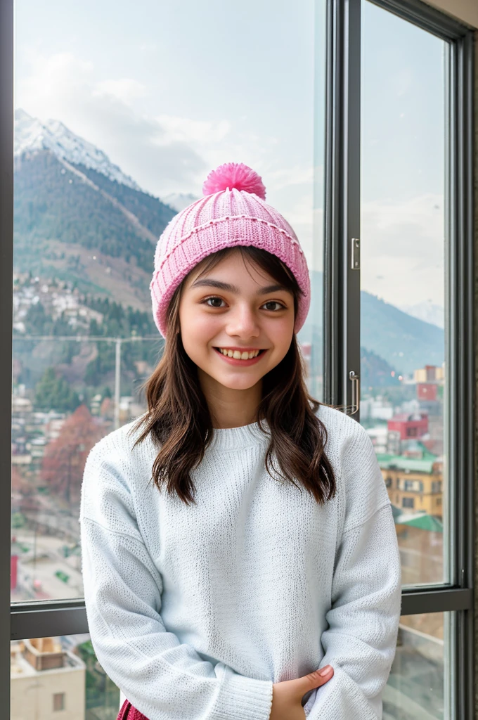 Generate a portrait of a young girl (22 years old) taking a selfie with a joyful expression. Outfit: White sweater, pink beanie. Scene: Standing in front of a window with a Shimla mountain view. She hand in sweater pocket