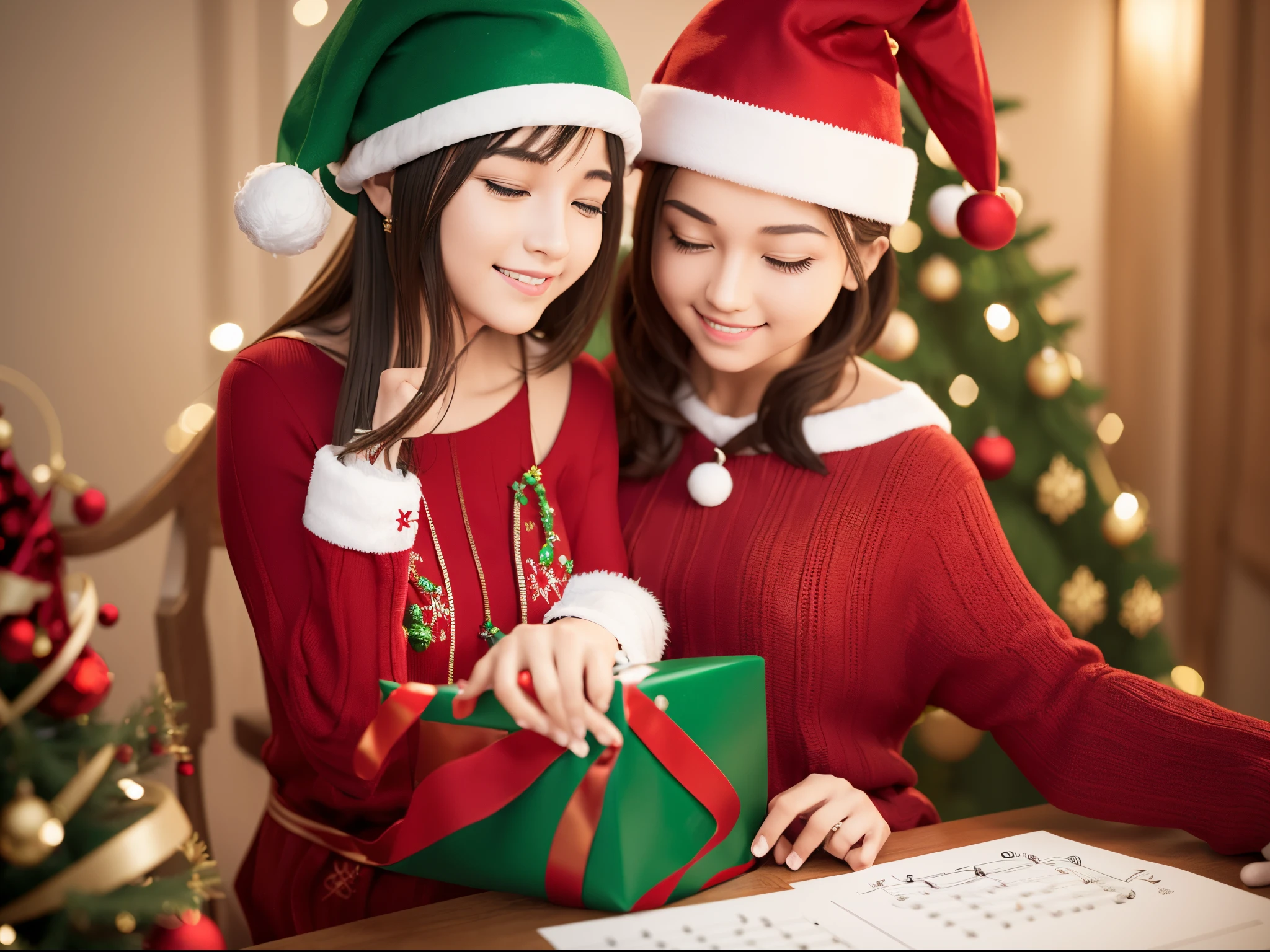 Capture the essence of a festive symphony with 3D mathematical formulas arranged like musical notes amidst Christmas decorations. Enhance the vibrancy of this numerical melody.