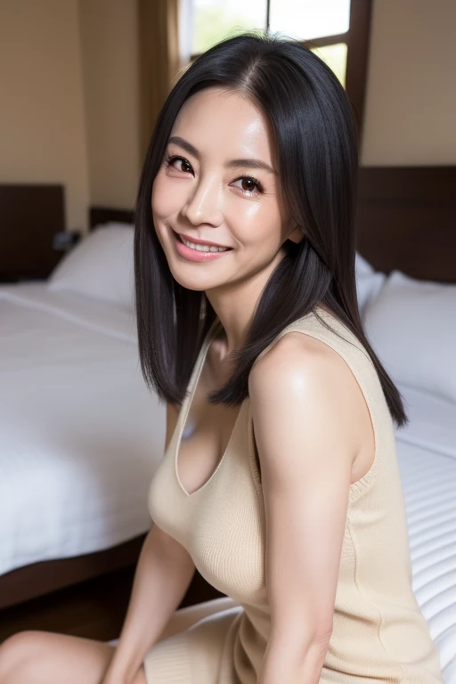 gravure, from the chest up, masutepiece, Best Quality, Ultra-detailed, Photorealistic, super detailed skin, Perfect Anatomy, (1 japanese mature woman), (Solo), sixty years old, (Wrinkles at the corners of the eyes:1.3),(Nasolabial folds at the mouth:1.3),  A MILF, glamor, A sexy, Chromo-white skin, Longhaire, Looking at Viewer、Sleeveless knitwear、Tight fit knit dress Cheuchimuchi、Black pantyhose、high-heels、Smile、sitting on、Hotel bedroom