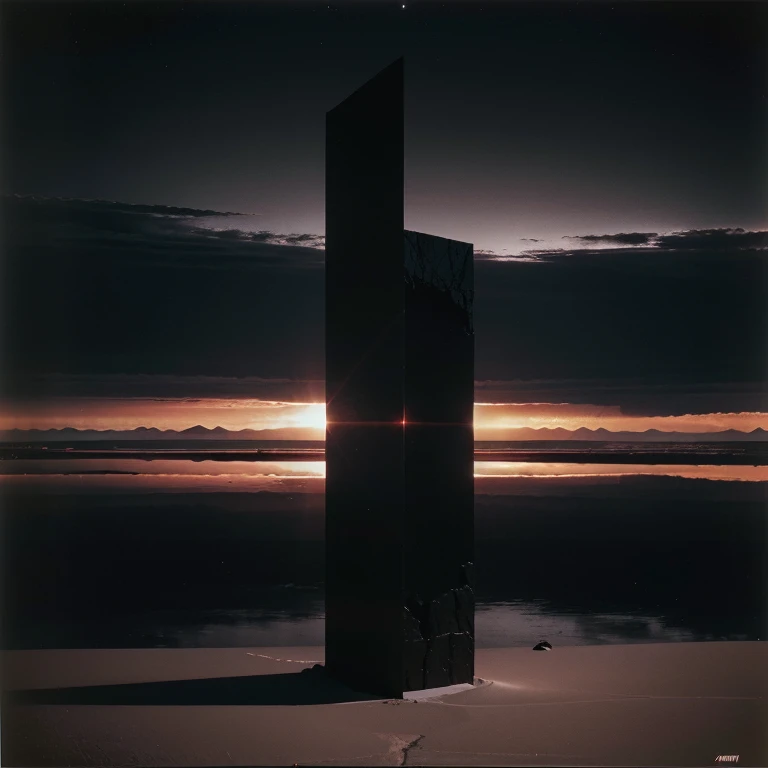 Gigantic pitch black marble monolith in far far distance in a desert extremely high standing higher than the clouds, 10 times higher than its width and height, portal to a dark dimension with blood red clouds and lighting in the distance, 1970's existential dread Stanley kubrik style 2002 a space Odyssey Esq grainy retro camera style