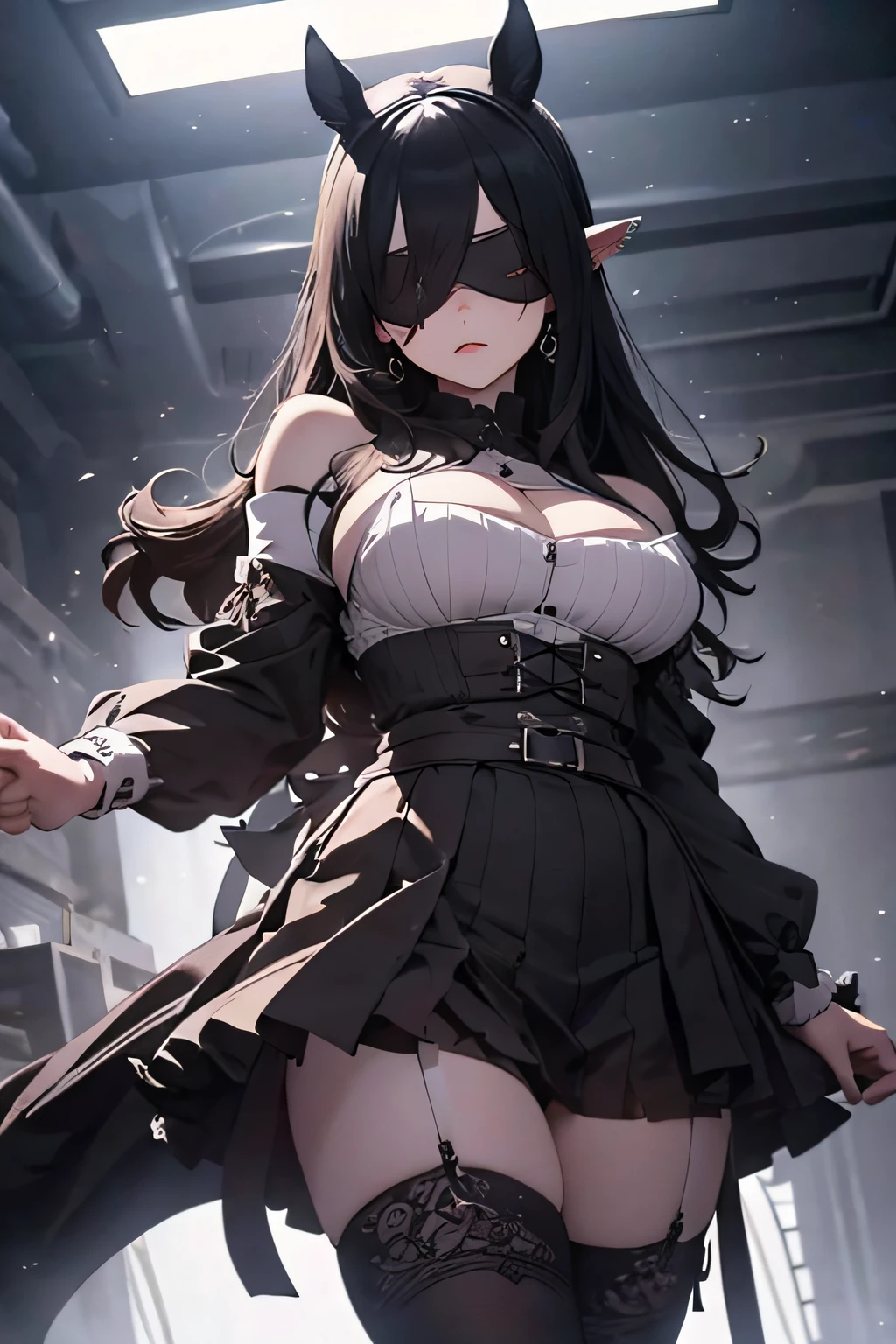 ((Marl、Horse ear headband、fake horse ears))、(lightly dressed、cleavage of the breast、fully body photo、Beautiful legs)、(Dark、Blind Mask、blindfolds、Atrocious、deadpan、Death row inmates、Large piercings、Large earrings、Standing、T back)、1girl in、master piece、japanaese girl、absurderes、hight resolution、ultra-detailliert、depth of fields、masterpiece、extremely details CG、3D Photography、3D background、Unity、8K、Hi-Res、top-quality、shadowy、foco nítido、pale-skinned、A detailed eye、blurry backround、dynamic ungle、The most amazing super feat exaggeration、a closed mouth、superclear
