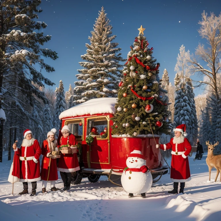 Oil painting with a Christmas theme. There a Santa Claus in red clothes handing out gifts. There a super big Christmas tree with two sika deers and snowmen. It high-definition and ultra-realistic.