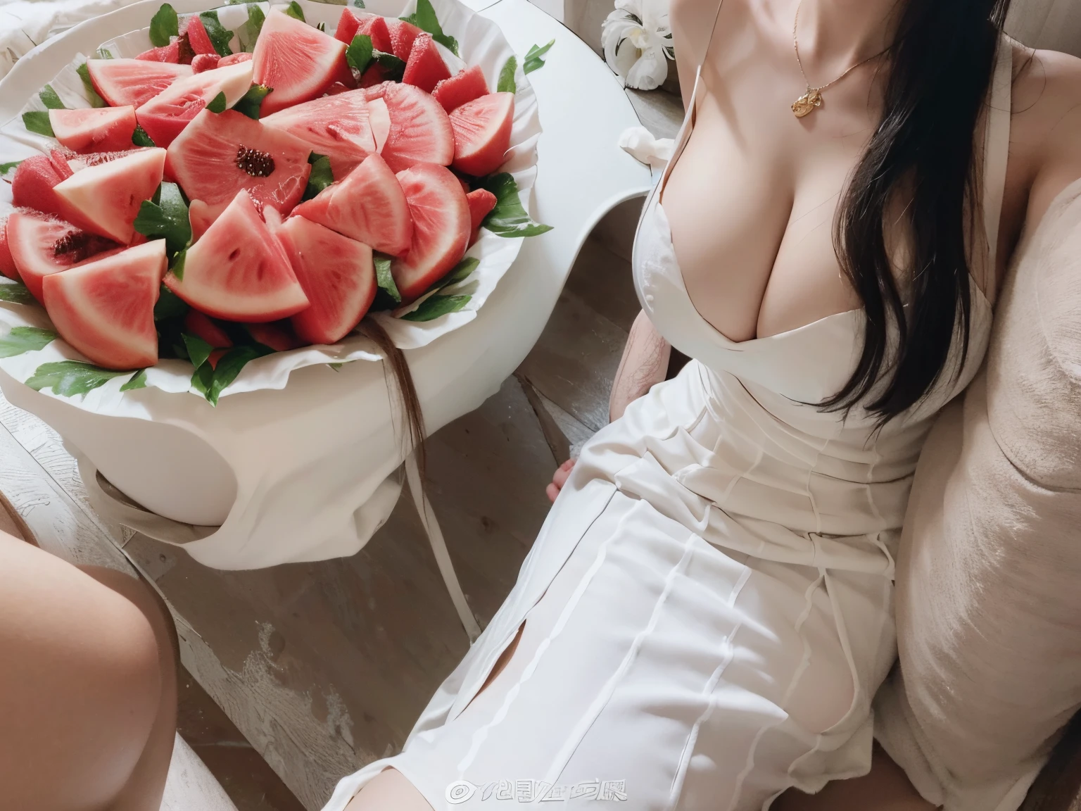 without showing face,white dresseull cleavage, deep cleavage, huge breasts, breasts larger than watermelons, snow-white skin