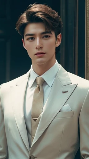 A masterpiece of the highest quality: a beautiful man, strikingly delicate and robust in a way that seems otherworldly, wearing a suit. He is handsome, immaculate, with deeply defined features and a two-block haircut