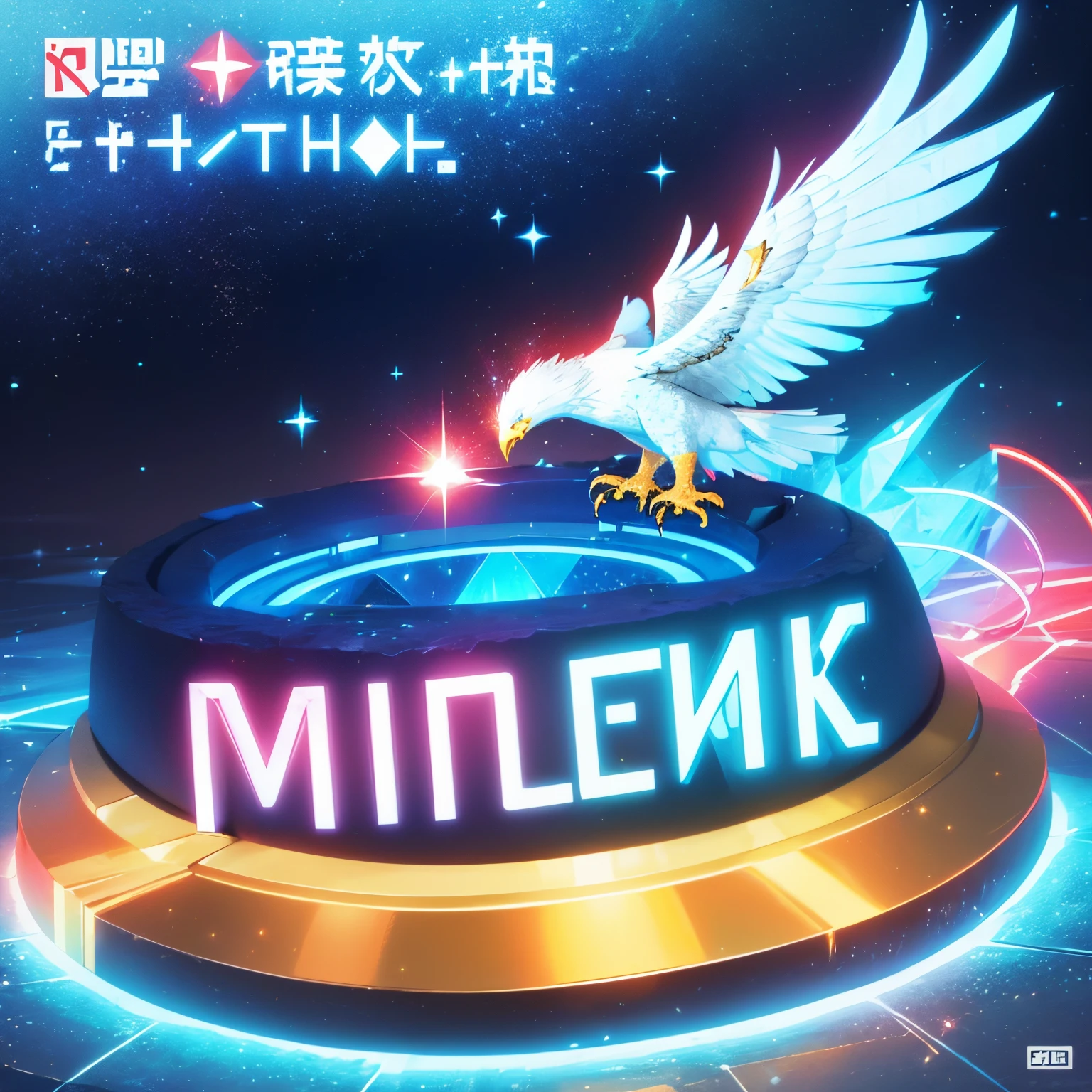 ((Text that reads"MAPRIK")) in blue,crystals,white, red, neon, golden sparkles,smoke,river,eagle