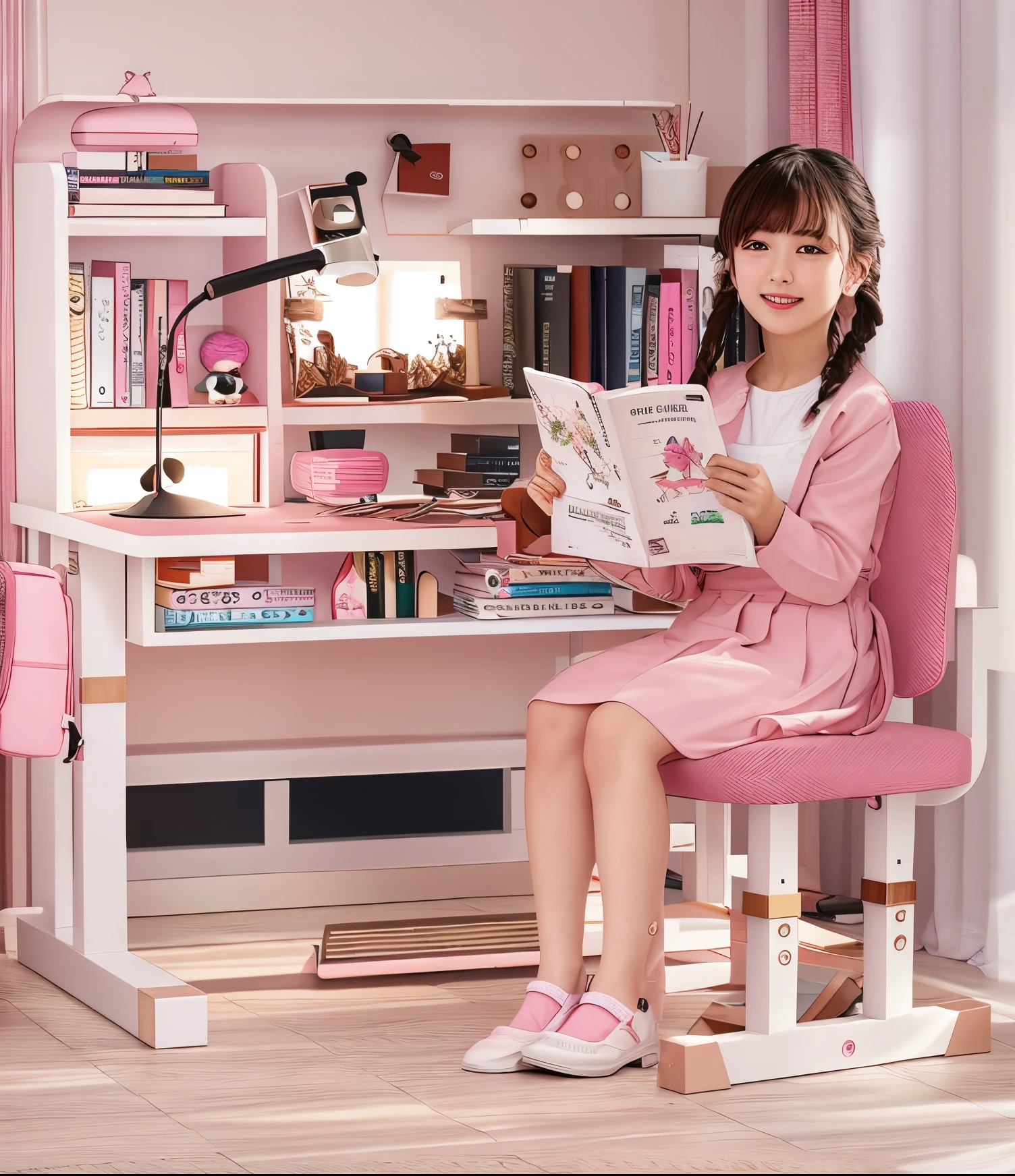Fide girl sitting on pink chair and reading book, The complete theme shown in the figure, studyng in bedroom, product introduction photos, (in pink), pupils, Gamine, elegant study, product introduction photos, Detailed picture, kawaii, - h 8 5 0 - w 6 0 0, cute design, 5.6, cabinet furniture