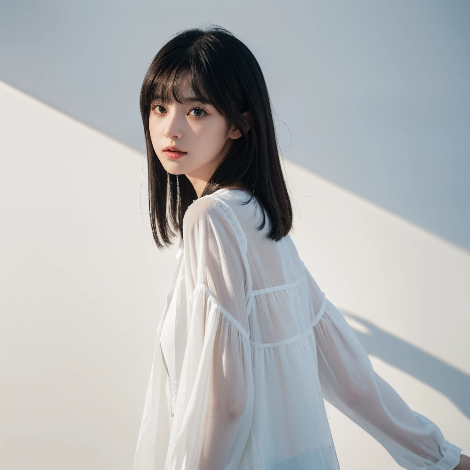absurderes,8K, (Photorealistic),(Best Quality:1.3), (超A high resolution:1.3), Raw photo, On a white background、deep-shadows､ Photon mapping, 1girl in, Cure the face, Black hair, Medium Hair, Bangs, Realistic skin texture, Fashionable
