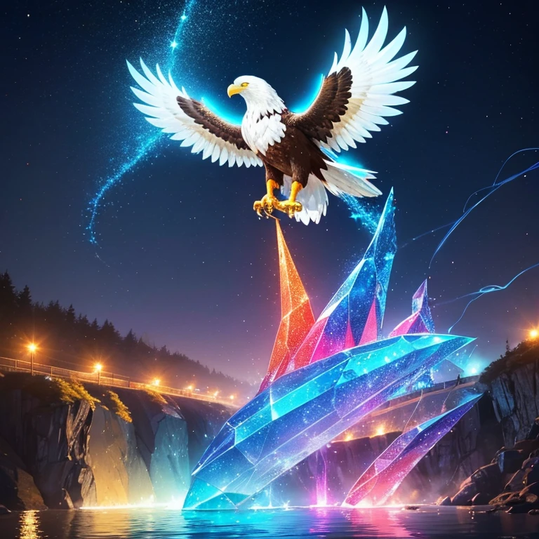 ((Light)) in blue,crystals,white, red, neon, golden sparkles,smoke,river,eagle